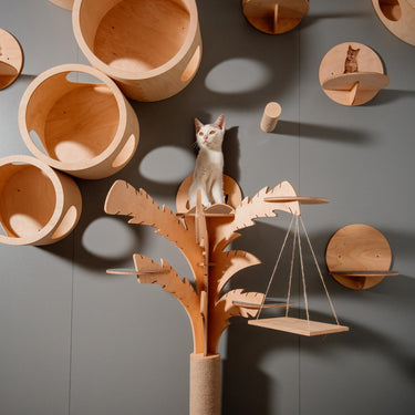 Modern wooden cat tree in the shape of a palm trees - a stylish complex for climbing and resting cats